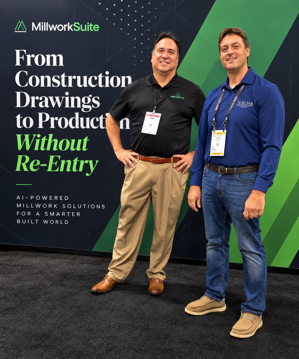 The MillworkSuite booth at IWF 2026, with two team members standing in front of a banner reading "From Construction Drawings to Production — Without Re-Entry."